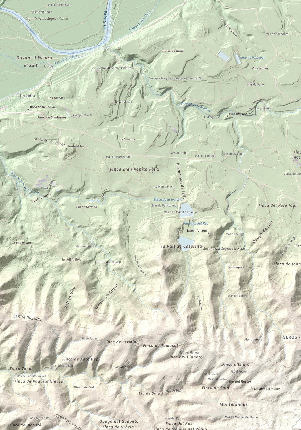 Mapa de relieve de Punta de Montmeneu, 495 m, Segrià, lámina 100 Cims de Trobart. Detalle de la zona superior izquierda. 70 × 100 cm.