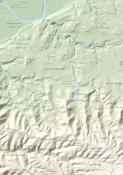 Mapa de relieve de Punta de Montmeneu, 495 m, Segrià, lámina 100 Cims de Trobart. Detalle de la zona superior izquierda. 70 × 100 cm.