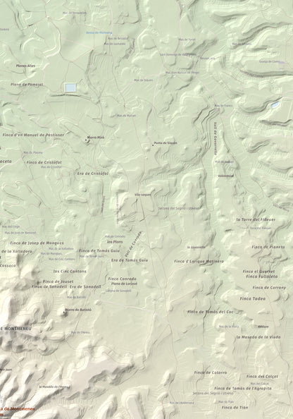Mapa de relieve de Punta de Montmeneu, 495 m, Segrià, lámina 100 Cims de Trobart. Detalle de la zona superior derecha. 70 × 100 cm.