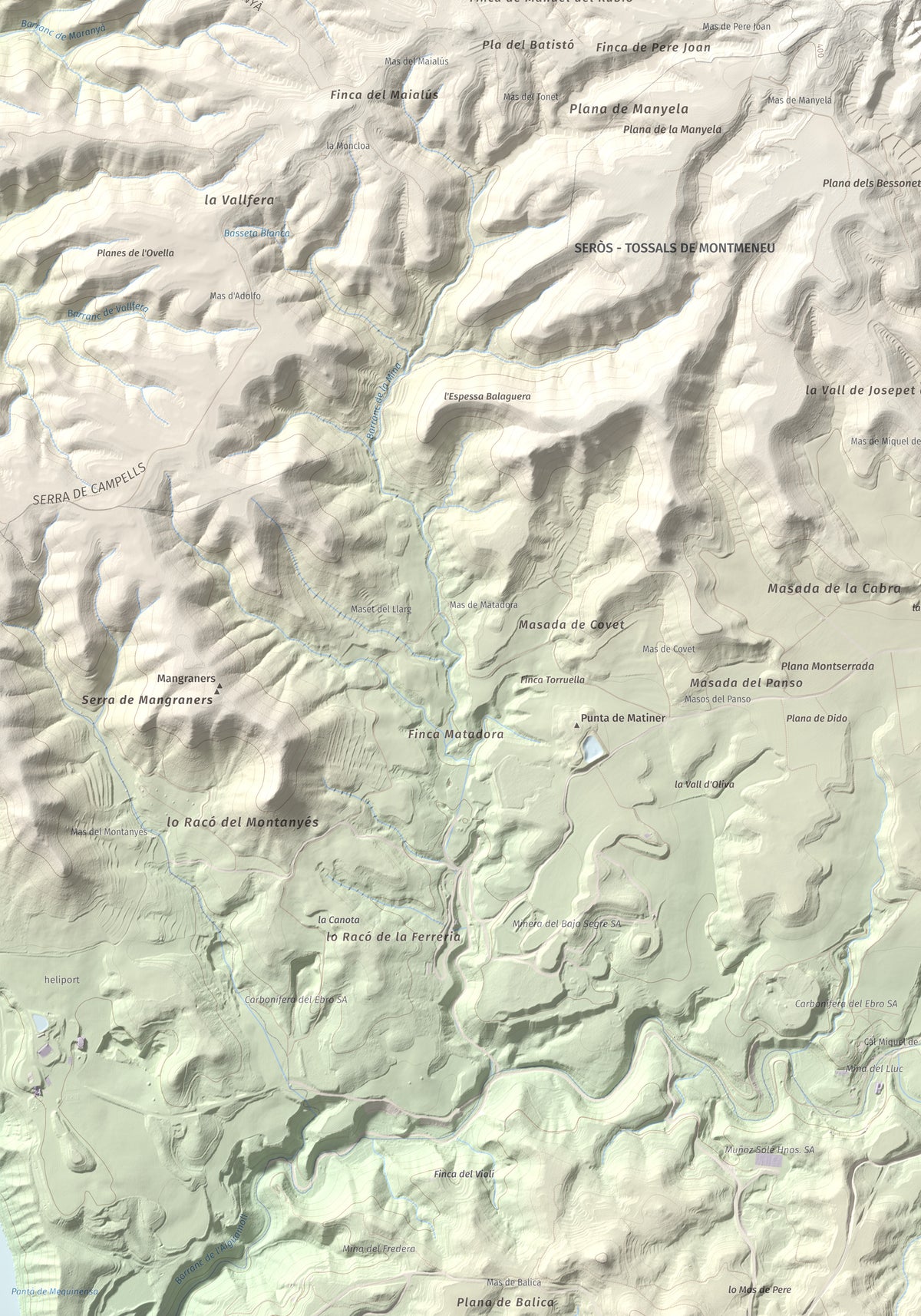 Mapa de relieve de Punta de Montmeneu, 495 m, Segrià, lámina 100 Cims de Trobart. Detalle de la zona inferior izquierda. 70 × 100 cm.