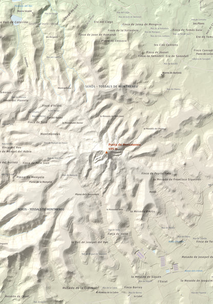 Mapa de relieve de Punta de Montmeneu, 495 m, Segrià, lámina 100 Cims de Trobart. Detalle de la zona central. 70 × 100 cm.