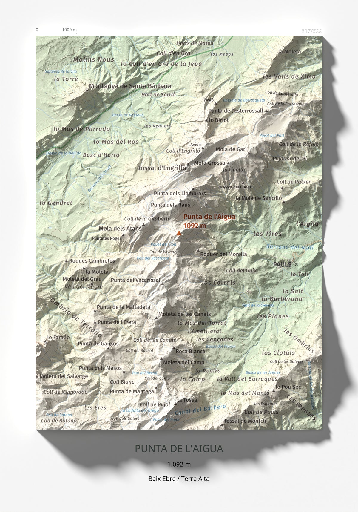 Mapa de relieve de Punta de l'Aigua, 1092 m, Baix Ebre · Terra Alta, lámina 100 Cims de Trobart 21 × 30 cm.