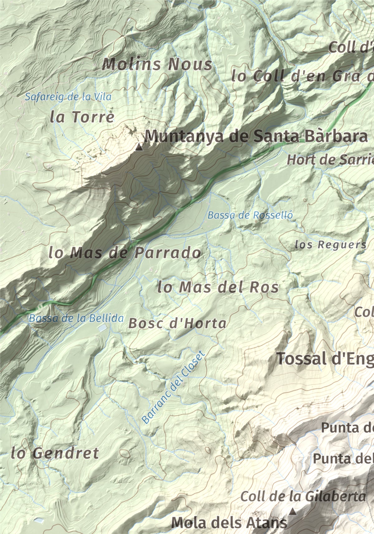 Mapa de relieve de Punta de l'Aigua, 1092 m, Baix Ebre · Terra Alta, lámina 100 Cims de Trobart. Detalle de la zona superior izquierda. 21 × 30 cm.