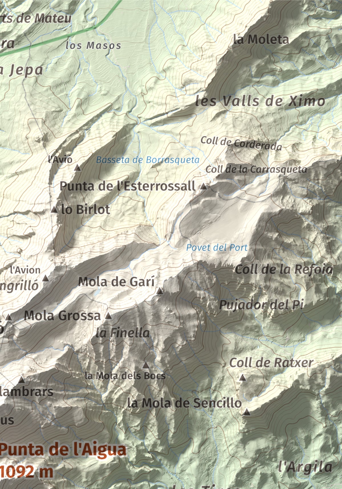 Mapa de relieve de Punta de l'Aigua, 1092 m, Baix Ebre · Terra Alta, lámina 100 Cims de Trobart. Detalle de la zona superior derecha. 21 × 30 cm.
