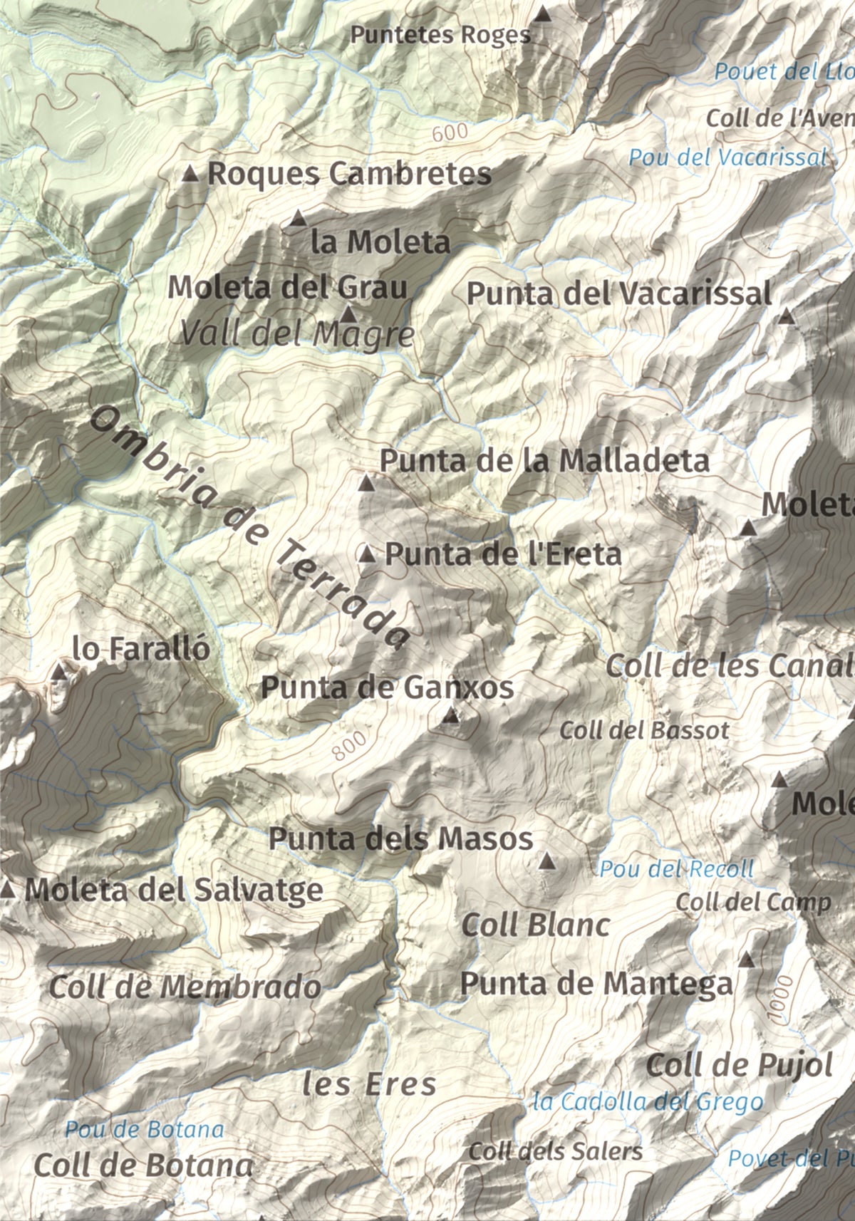 Mapa de relieve de Punta de l'Aigua, 1092 m, Baix Ebre · Terra Alta, lámina 100 Cims de Trobart. Detalle de la zona inferior izquierda. 21 × 30 cm.