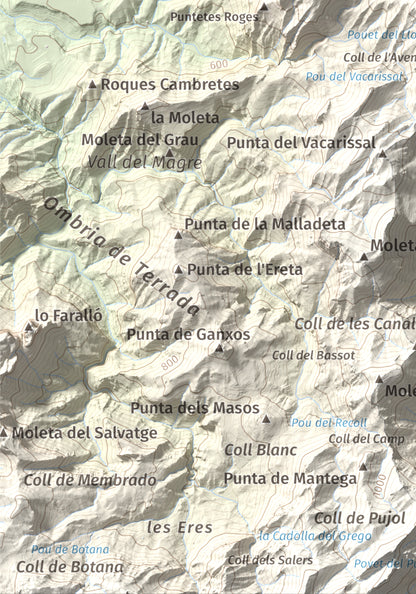 Mapa de relieve de Punta de l'Aigua, 1092 m, Baix Ebre · Terra Alta, lámina 100 Cims de Trobart. Detalle de la zona inferior izquierda. 21 × 30 cm.