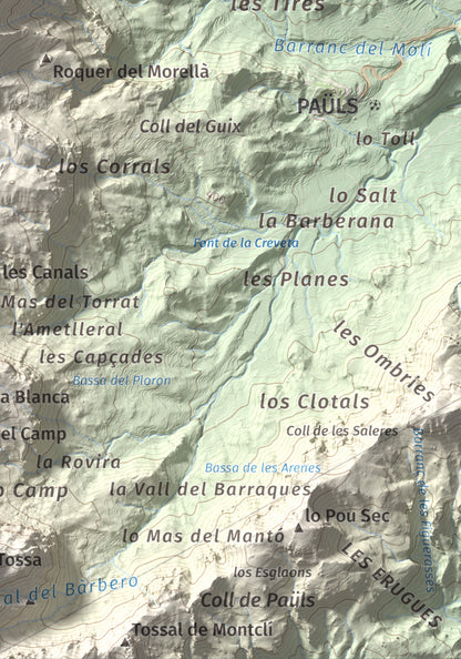Mapa de relieve de Punta de l'Aigua, 1092 m, Baix Ebre · Terra Alta, lámina 100 Cims de Trobart. Detalle de la zona inferior derecha. 21 × 30 cm.