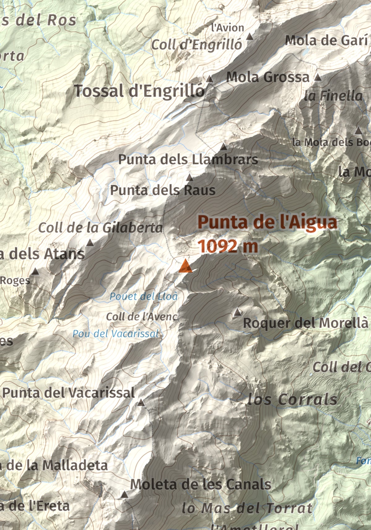 Mapa de relieve de Punta de l'Aigua, 1092 m, Baix Ebre · Terra Alta, lámina 100 Cims de Trobart. Detalle de la zona central. 21 × 30 cm.