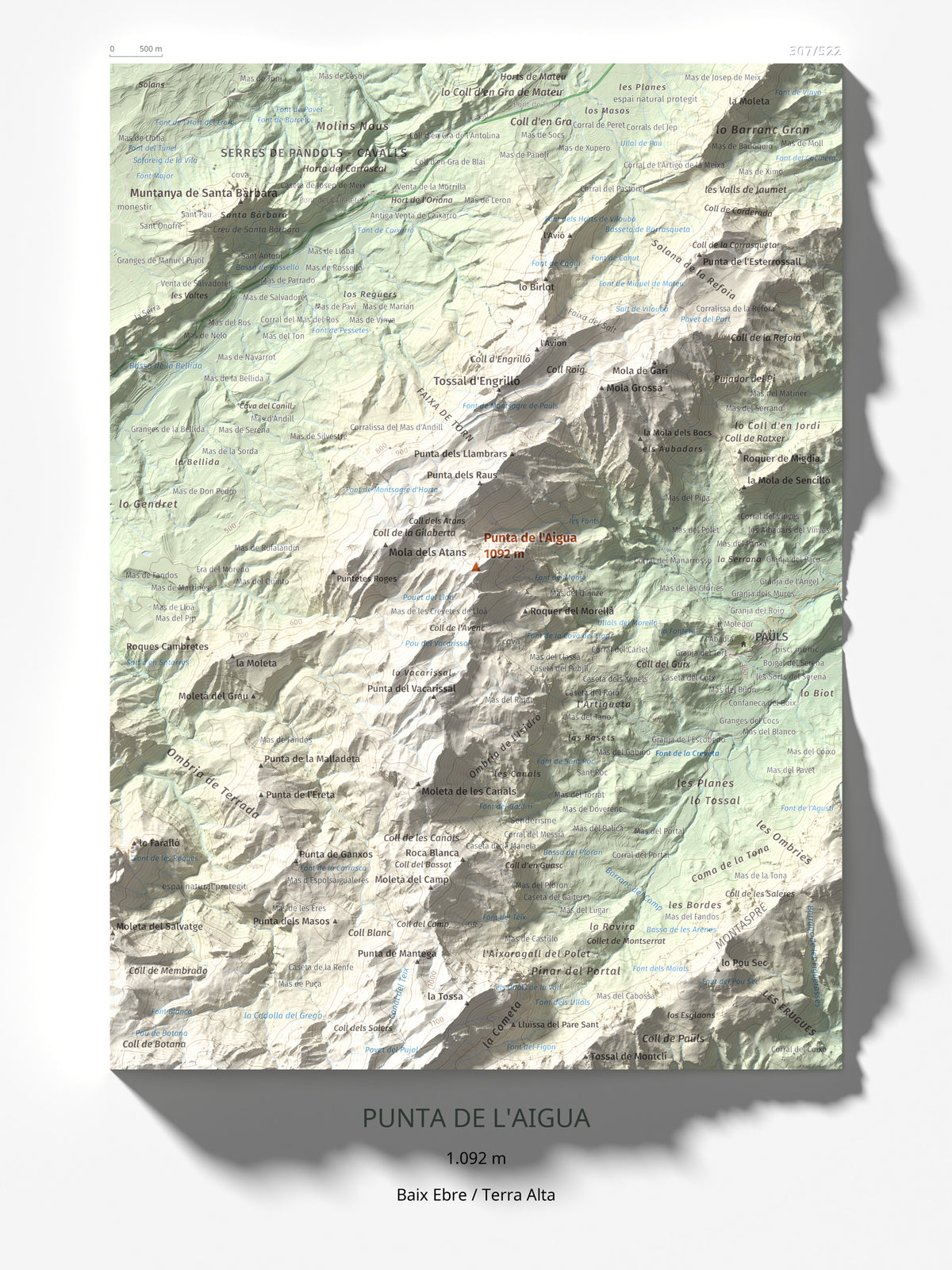 Mapa de relieve de Punta de l'Aigua, 1092 m, Baix Ebre · Terra Alta, lámina 100 Cims de Trobart 30 × 40 cm.