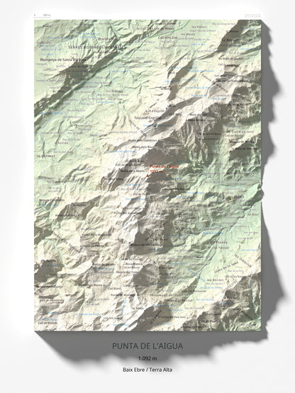 Mapa de relieve de Punta de l'Aigua, 1092 m, Baix Ebre · Terra Alta, lámina 100 Cims de Trobart 30 × 40 cm.