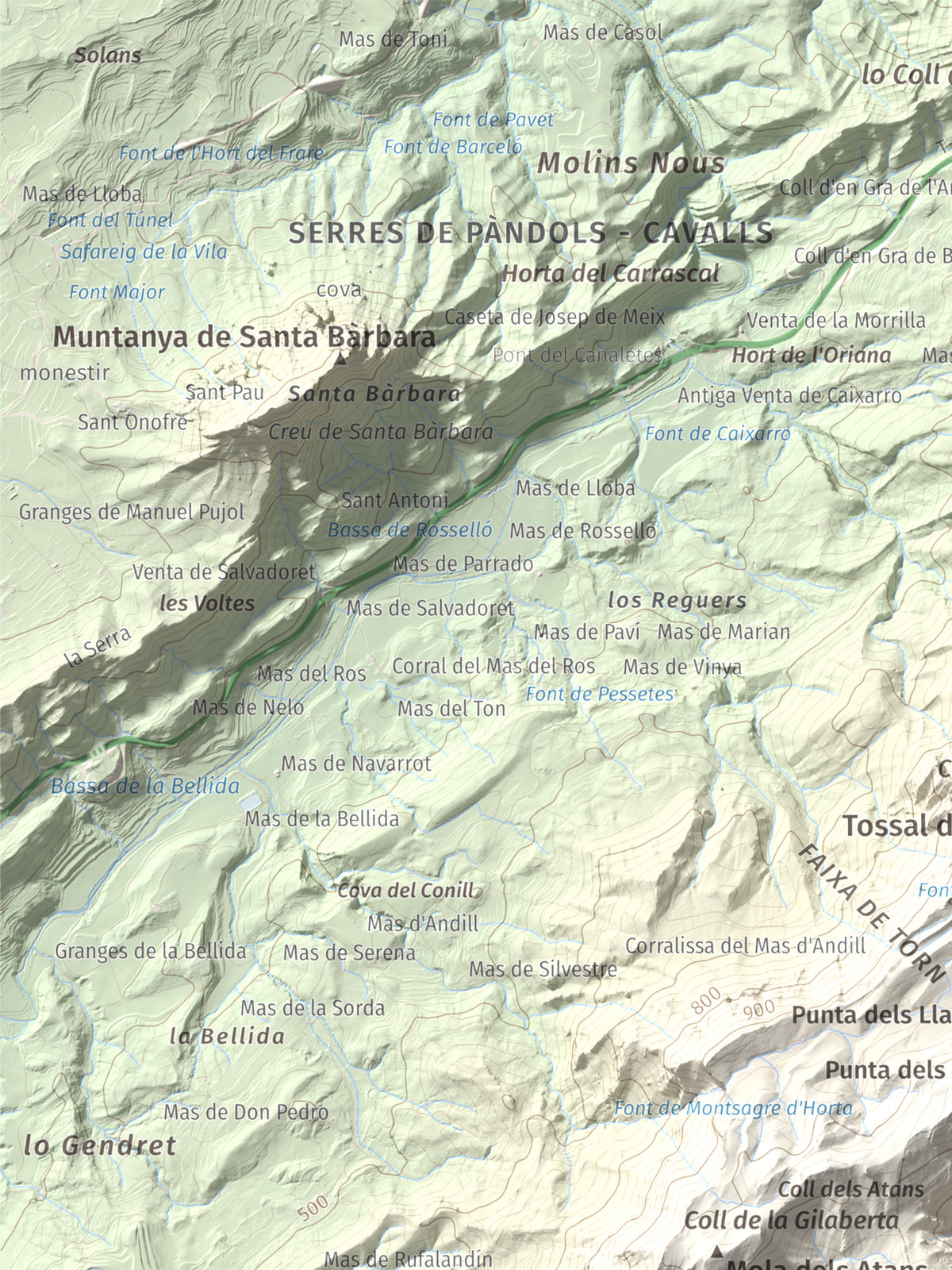Mapa de relieve de Punta de l'Aigua, 1092 m, Baix Ebre · Terra Alta, lámina 100 Cims de Trobart. Detalle de la zona superior izquierda. 30 × 40 cm.