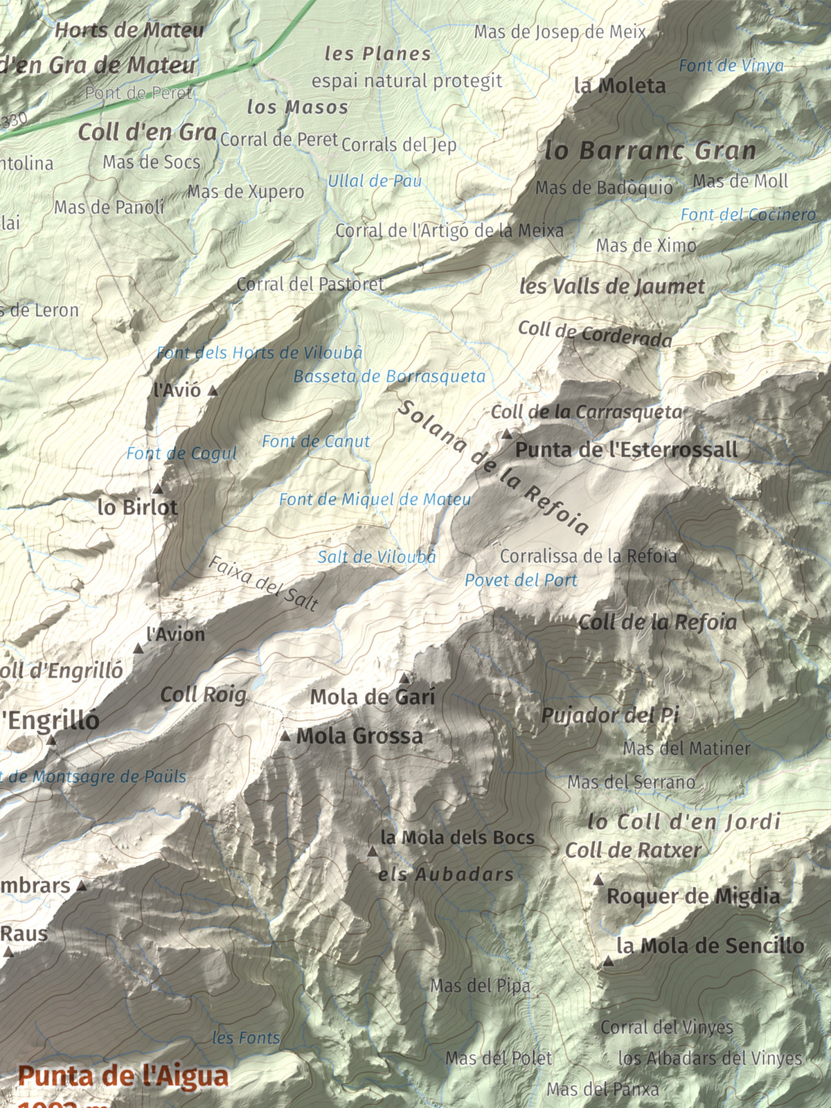 Mapa de relieve de Punta de l'Aigua, 1092 m, Baix Ebre · Terra Alta, lámina 100 Cims de Trobart. Detalle de la zona superior derecha. 30 × 40 cm.