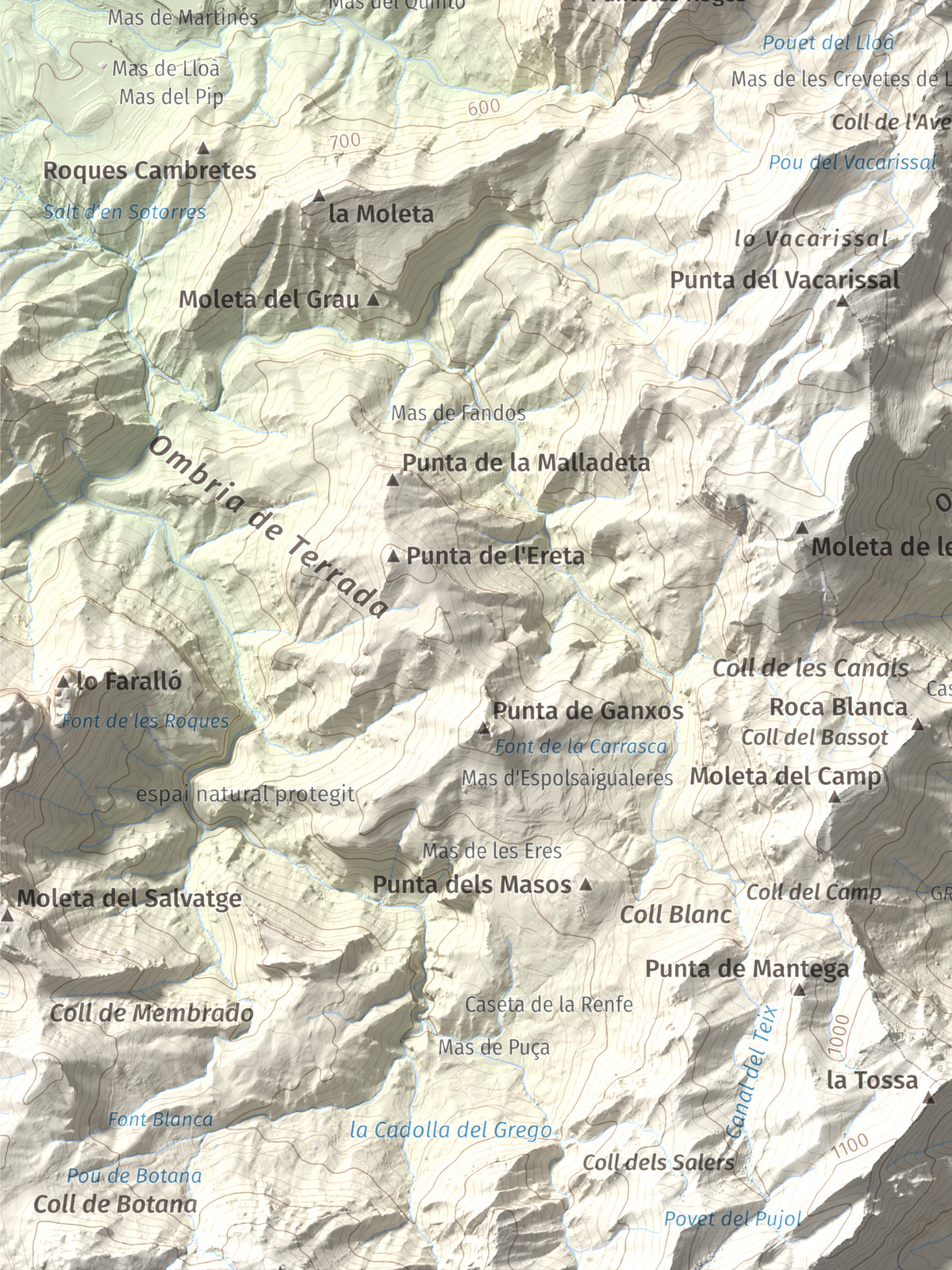 Mapa de relieve de Punta de l'Aigua, 1092 m, Baix Ebre · Terra Alta, lámina 100 Cims de Trobart. Detalle de la zona inferior izquierda. 30 × 40 cm.