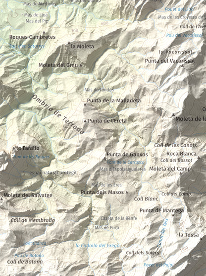 Mapa de relieve de Punta de l'Aigua, 1092 m, Baix Ebre · Terra Alta, lámina 100 Cims de Trobart. Detalle de la zona inferior izquierda. 30 × 40 cm.