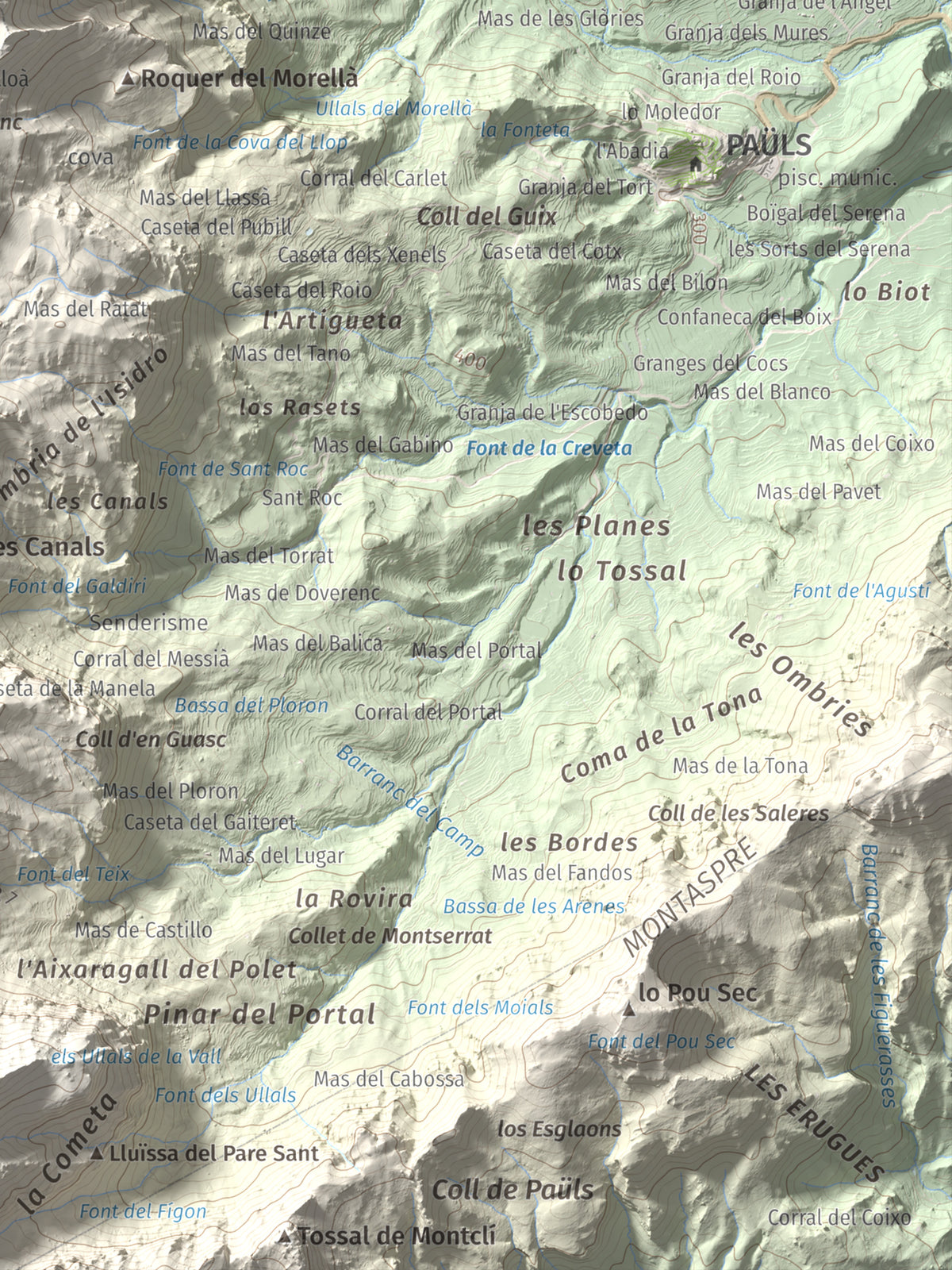 Mapa de relieve de Punta de l'Aigua, 1092 m, Baix Ebre · Terra Alta, lámina 100 Cims de Trobart. Detalle de la zona inferior derecha. 30 × 40 cm.