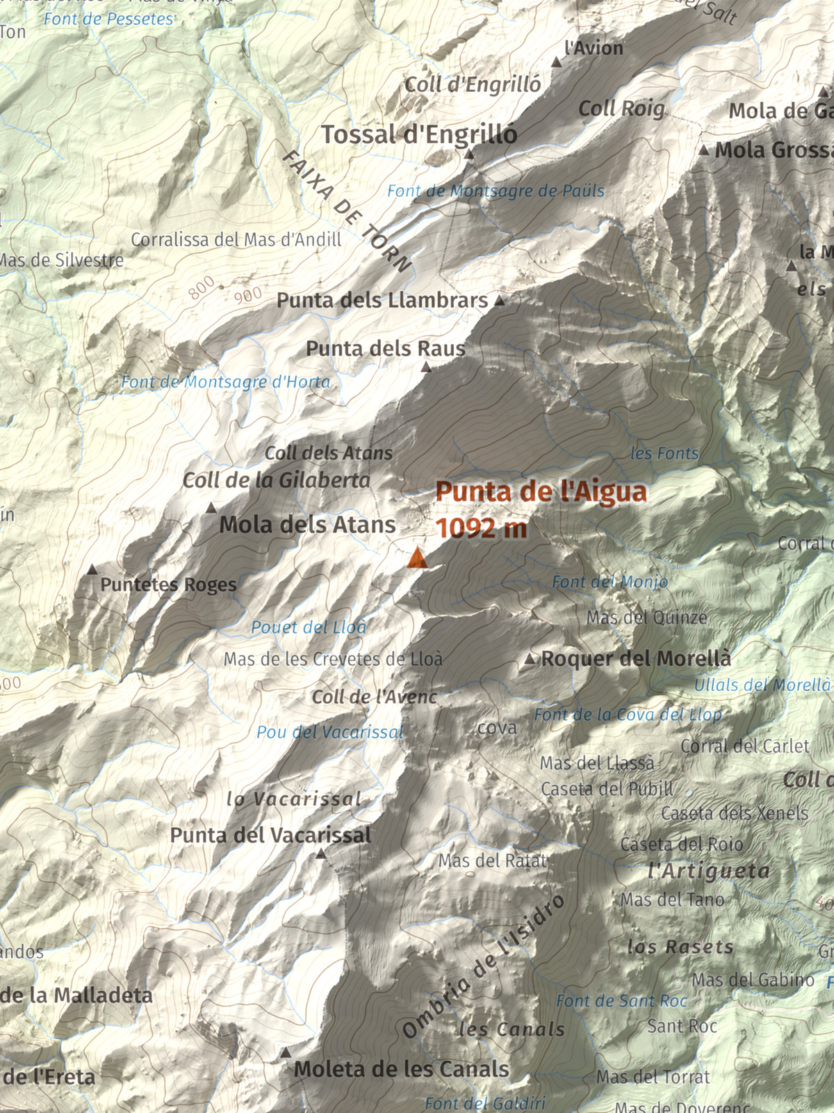 Mapa de relieve de Punta de l'Aigua, 1092 m, Baix Ebre · Terra Alta, lámina 100 Cims de Trobart. Detalle de la zona central. 30 × 40 cm.