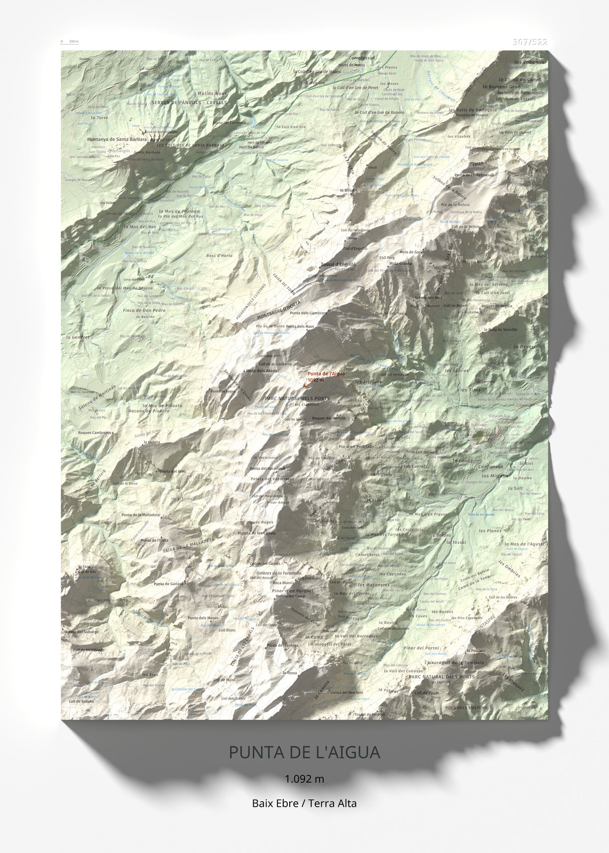 Mapa de relieve de Punta de l'Aigua, 1092 m, Baix Ebre · Terra Alta, lámina 100 Cims de Trobart 50 × 70 cm.