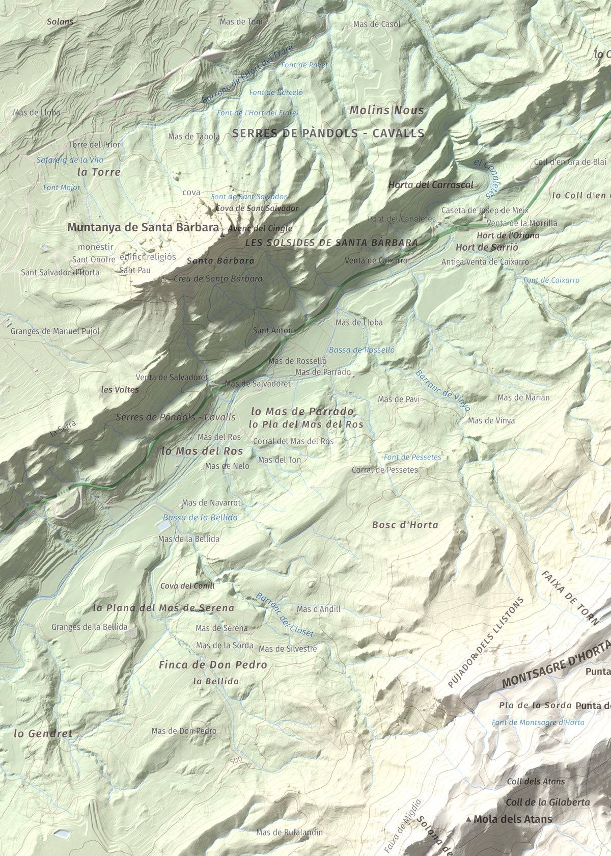 Mapa de relieve de Punta de l'Aigua, 1092 m, Baix Ebre · Terra Alta, lámina 100 Cims de Trobart. Detalle de la zona superior izquierda. 50 × 70 cm.