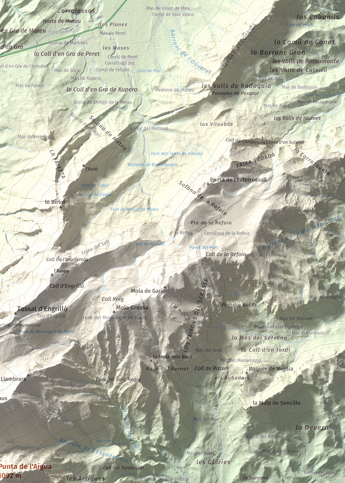 Mapa de relieve de Punta de l'Aigua, 1092 m, Baix Ebre · Terra Alta, lámina 100 Cims de Trobart. Detalle de la zona superior derecha. 50 × 70 cm.