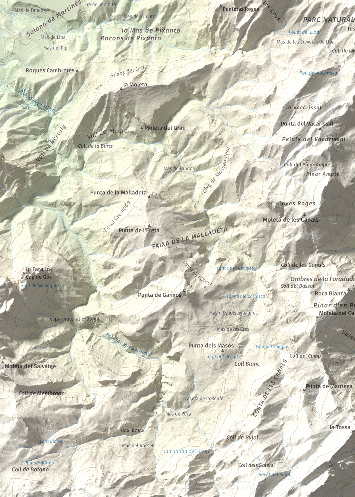Mapa de relieve de Punta de l'Aigua, 1092 m, Baix Ebre · Terra Alta, lámina 100 Cims de Trobart. Detalle de la zona inferior izquierda. 50 × 70 cm.