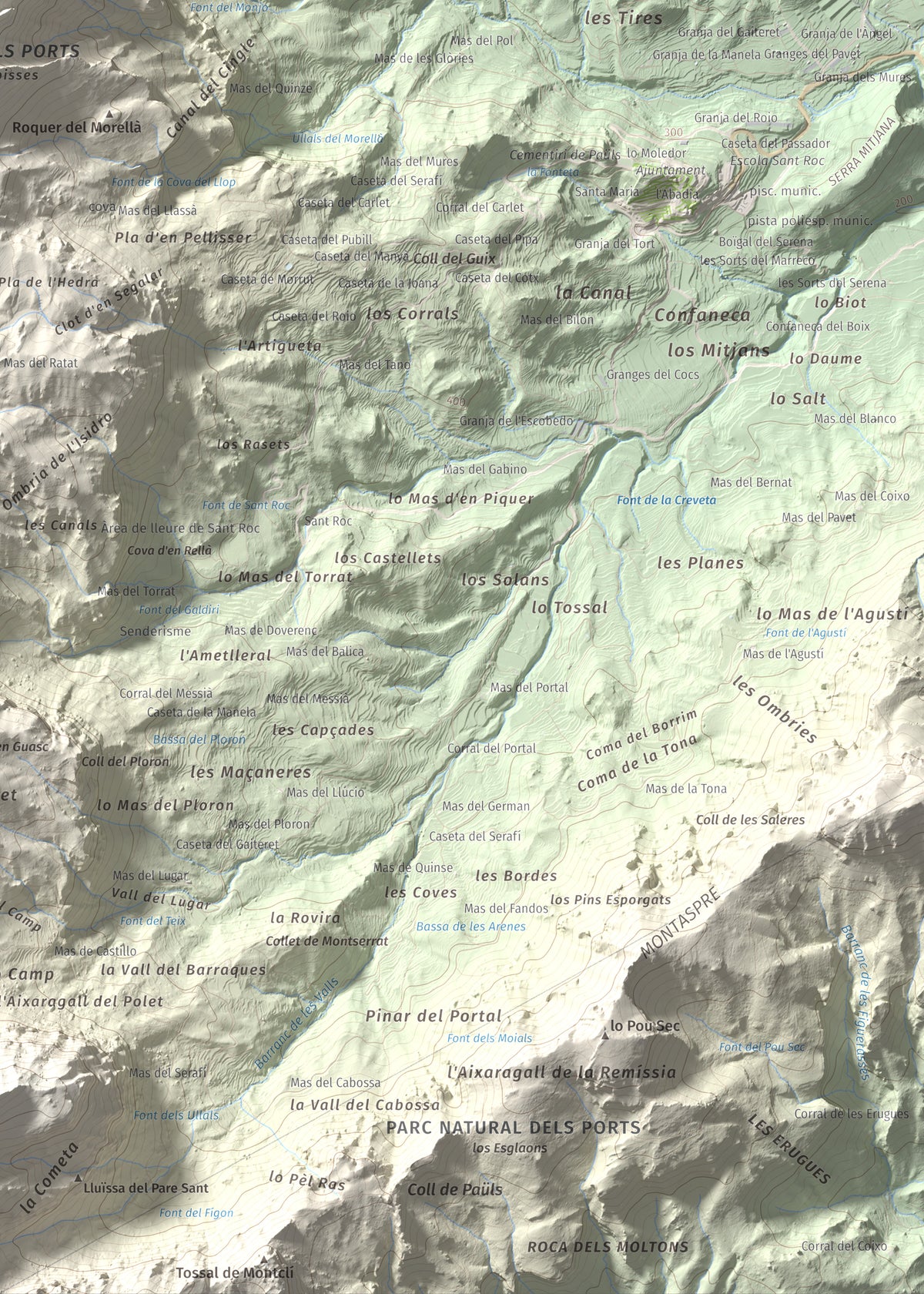 Mapa de relieve de Punta de l'Aigua, 1092 m, Baix Ebre · Terra Alta, lámina 100 Cims de Trobart. Detalle de la zona inferior derecha. 50 × 70 cm.