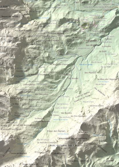 Mapa de relieve de Punta de l'Aigua, 1092 m, Baix Ebre · Terra Alta, lámina 100 Cims de Trobart. Detalle de la zona inferior derecha. 50 × 70 cm.