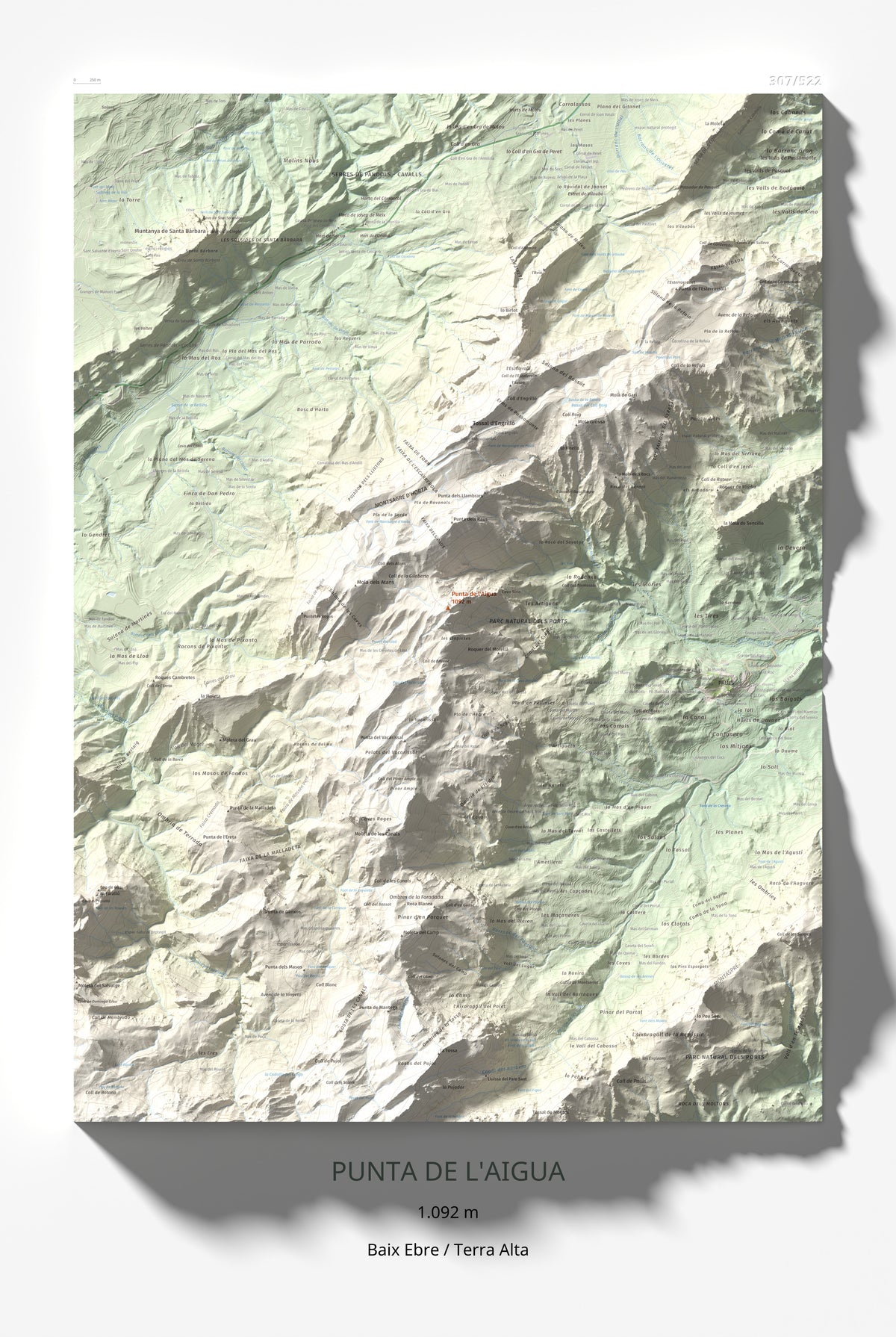 Mapa de relieve de Punta de l'Aigua, 1092 m, Baix Ebre · Terra Alta, lámina 100 Cims de Trobart 61 × 91 cm.