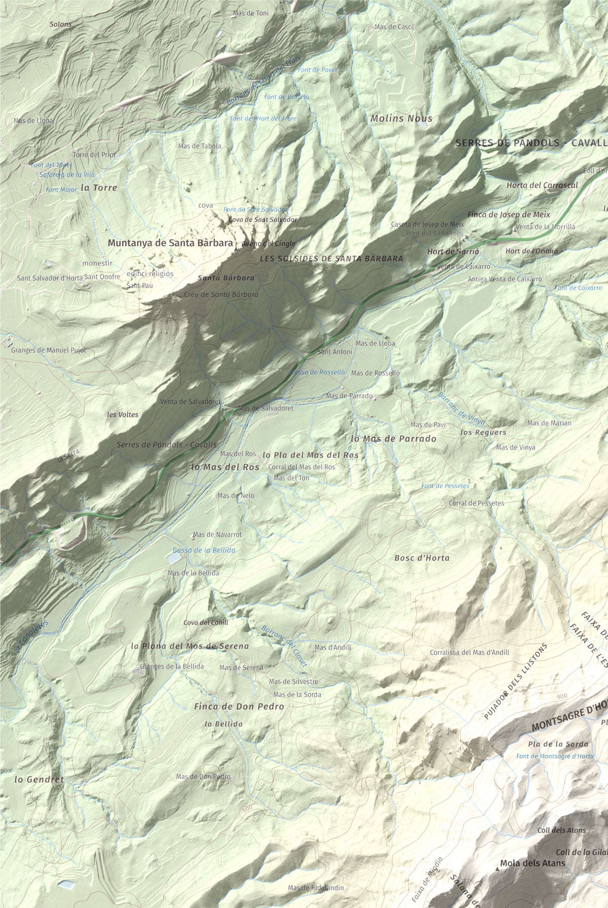 Mapa de relieve de Punta de l'Aigua, 1092 m, Baix Ebre · Terra Alta, lámina 100 Cims de Trobart. Detalle de la zona superior izquierda. 61 × 91 cm.