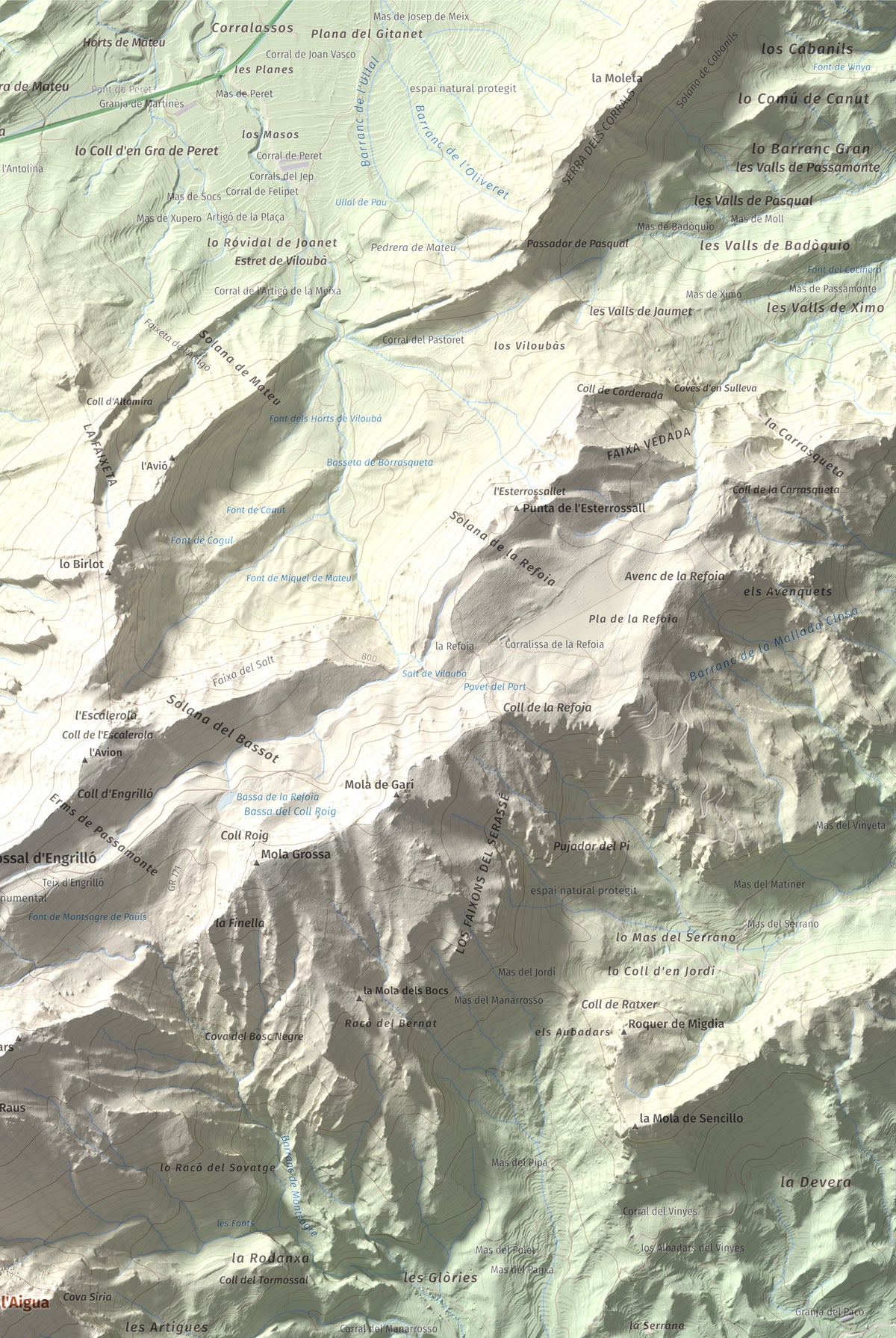 Mapa de relieve de Punta de l'Aigua, 1092 m, Baix Ebre · Terra Alta, lámina 100 Cims de Trobart. Detalle de la zona superior derecha. 61 × 91 cm.