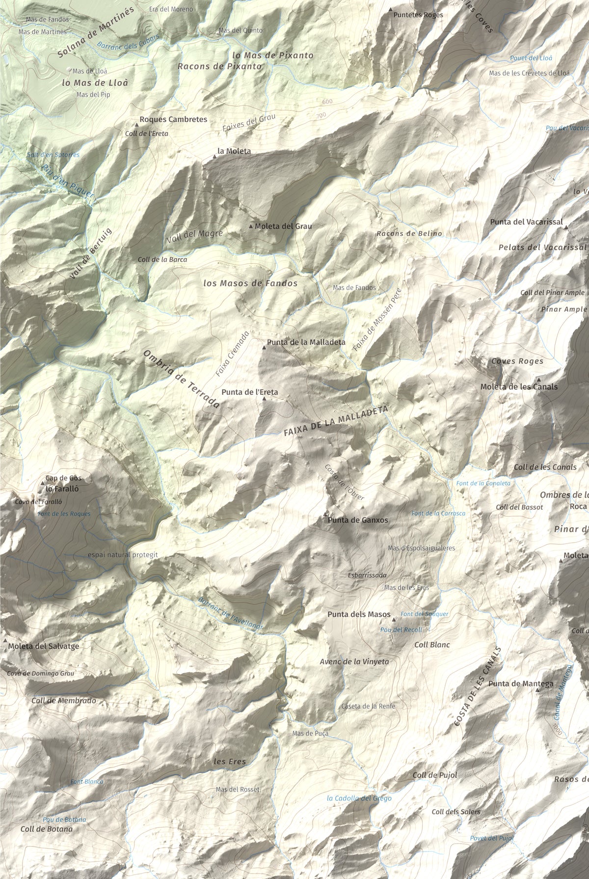 Mapa de relieve de Punta de l'Aigua, 1092 m, Baix Ebre · Terra Alta, lámina 100 Cims de Trobart. Detalle de la zona inferior izquierda. 61 × 91 cm.