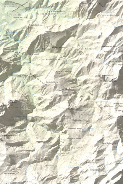 Mapa de relieve de Punta de l'Aigua, 1092 m, Baix Ebre · Terra Alta, lámina 100 Cims de Trobart. Detalle de la zona inferior izquierda. 61 × 91 cm.
