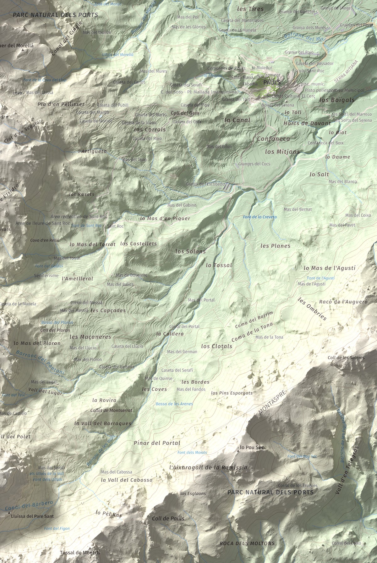 Mapa de relieve de Punta de l'Aigua, 1092 m, Baix Ebre · Terra Alta, lámina 100 Cims de Trobart. Detalle de la zona inferior derecha. 61 × 91 cm.