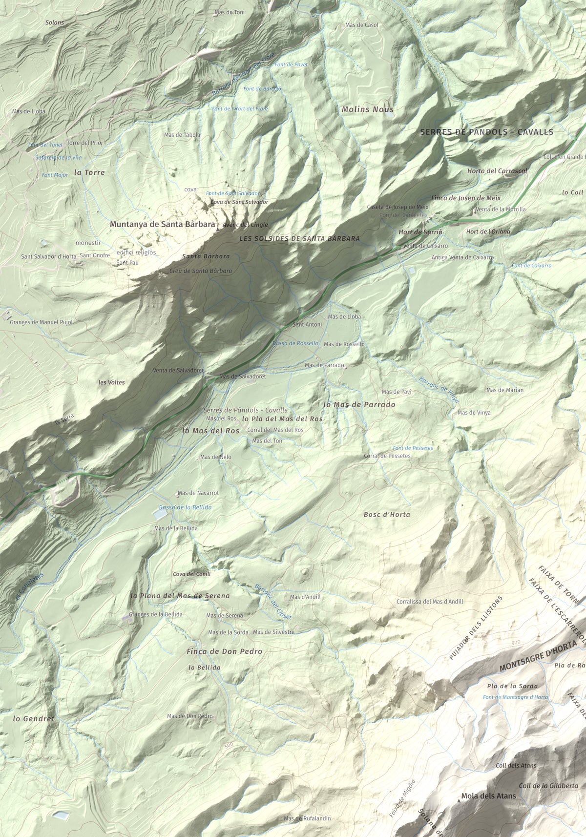 Mapa de relieve de Punta de l'Aigua, 1092 m, Baix Ebre · Terra Alta, lámina 100 Cims de Trobart. Detalle de la zona superior izquierda. 70 × 100 cm.
