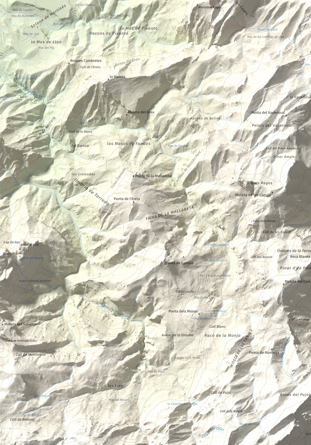 Mapa de relieve de Punta de l'Aigua, 1092 m, Baix Ebre · Terra Alta, lámina 100 Cims de Trobart. Detalle de la zona inferior izquierda. 70 × 100 cm.