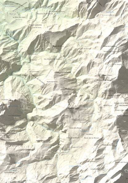 Mapa de relieve de Punta de l'Aigua, 1092 m, Baix Ebre · Terra Alta, lámina 100 Cims de Trobart. Detalle de la zona inferior izquierda. 70 × 100 cm.