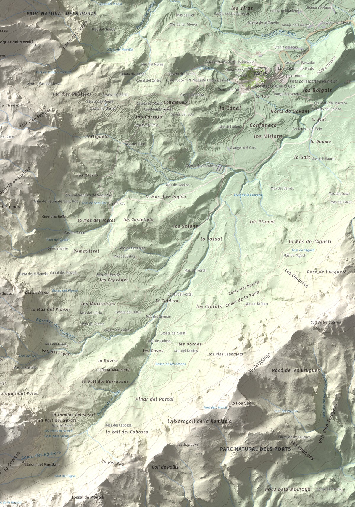 Mapa de relieve de Punta de l'Aigua, 1092 m, Baix Ebre · Terra Alta, lámina 100 Cims de Trobart. Detalle de la zona inferior derecha. 70 × 100 cm.