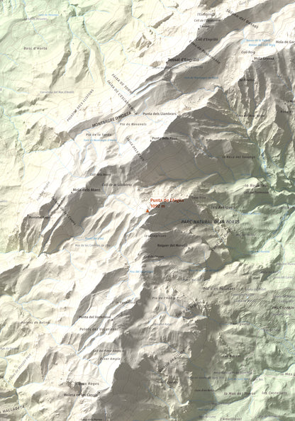 Mapa de relieve de Punta de l'Aigua, 1092 m, Baix Ebre · Terra Alta, lámina 100 Cims de Trobart. Detalle de la zona central. 70 × 100 cm.