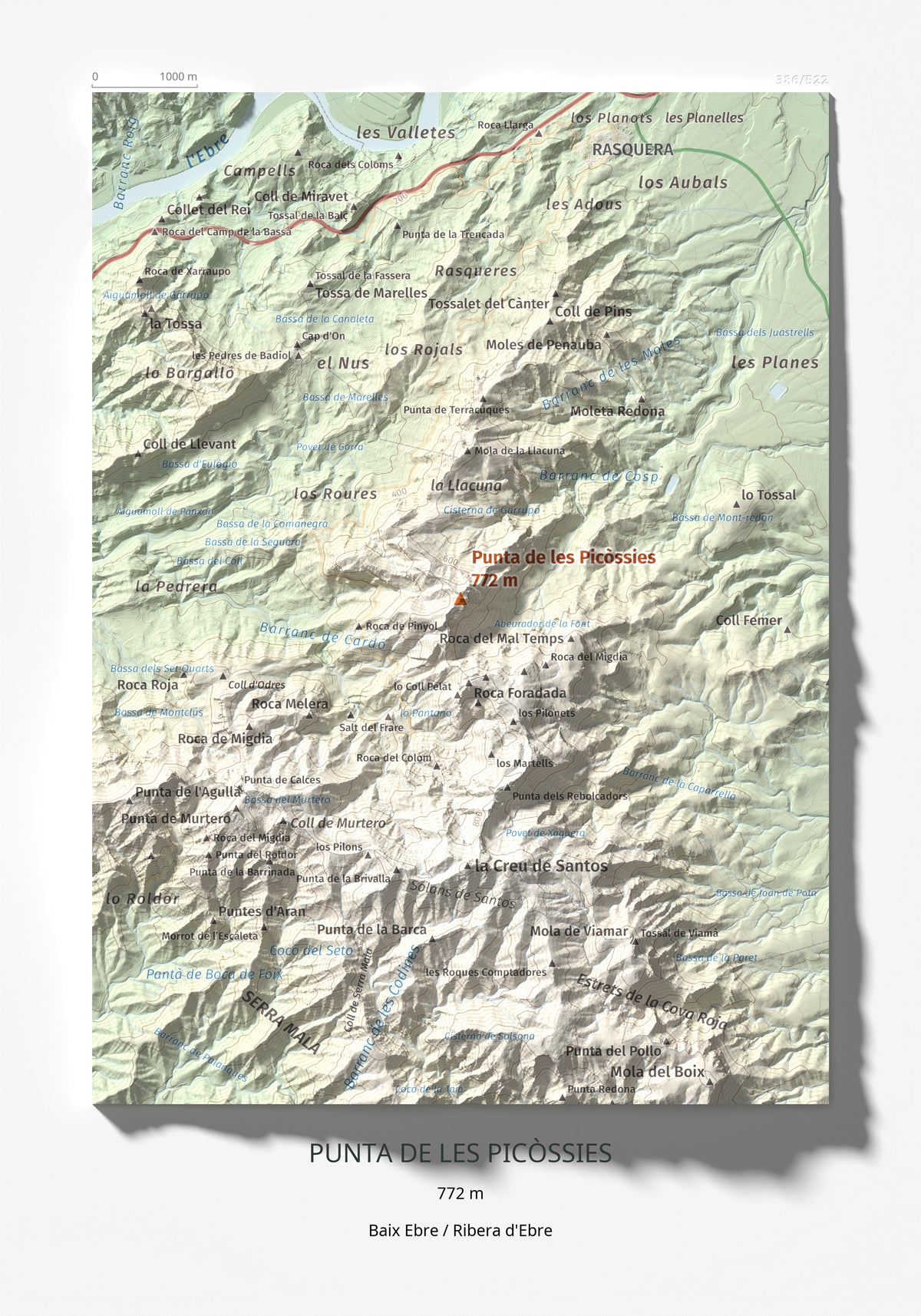 Mapa de relieve de Punta de les Picòssies, 772 m, Baix Ebre · Ribera d'Ebre, lámina 100 Cims de Trobart 21 × 30 cm.