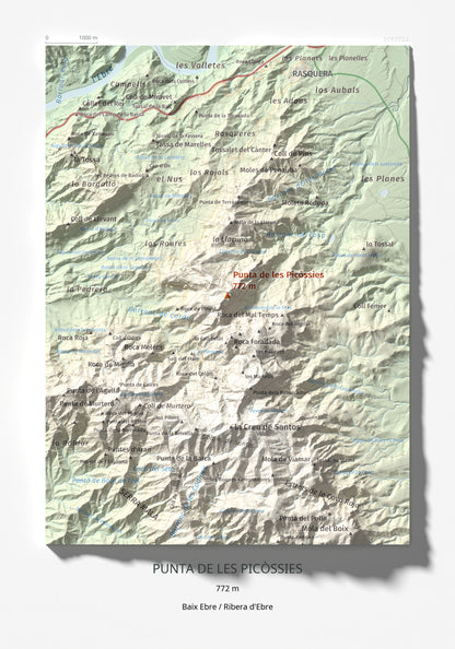 Mapa de relieve de Punta de les Picòssies, 772 m, Baix Ebre · Ribera d'Ebre, lámina 100 Cims de Trobart 21 × 30 cm.