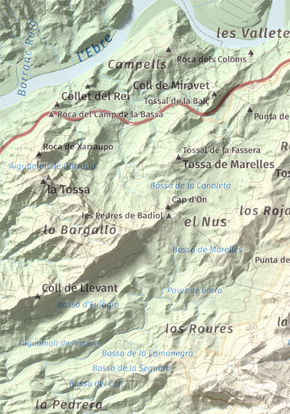 Mapa de relieve de Punta de les Picòssies, 772 m, Baix Ebre · Ribera d'Ebre, lámina 100 Cims de Trobart. Detalle de la zona superior izquierda. 21 × 30 cm.