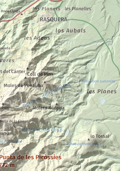 Mapa de relieve de Punta de les Picòssies, 772 m, Baix Ebre · Ribera d'Ebre, lámina 100 Cims de Trobart. Detalle de la zona superior derecha. 21 × 30 cm.