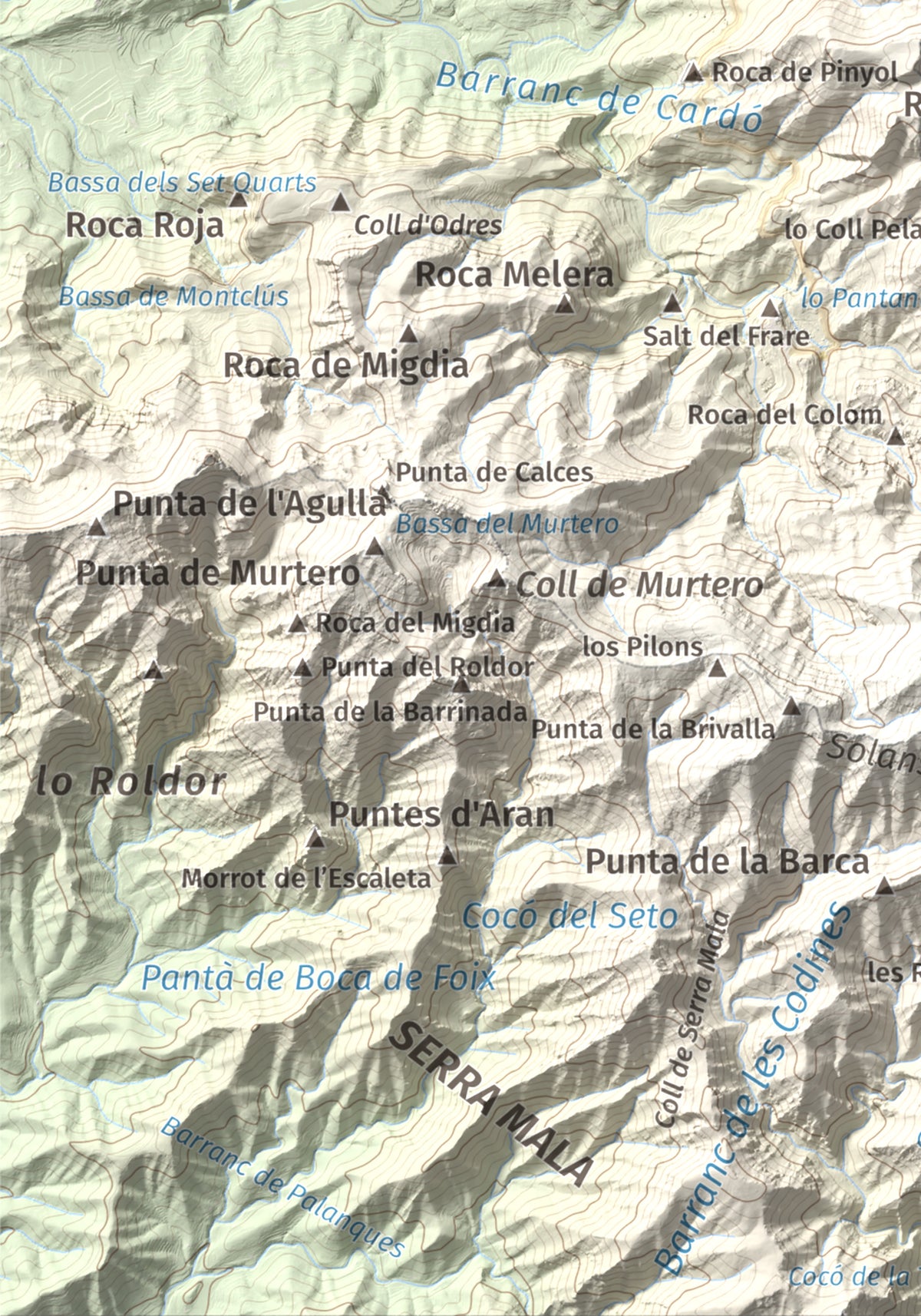 Mapa de relieve de Punta de les Picòssies, 772 m, Baix Ebre · Ribera d'Ebre, lámina 100 Cims de Trobart. Detalle de la zona inferior izquierda. 21 × 30 cm.