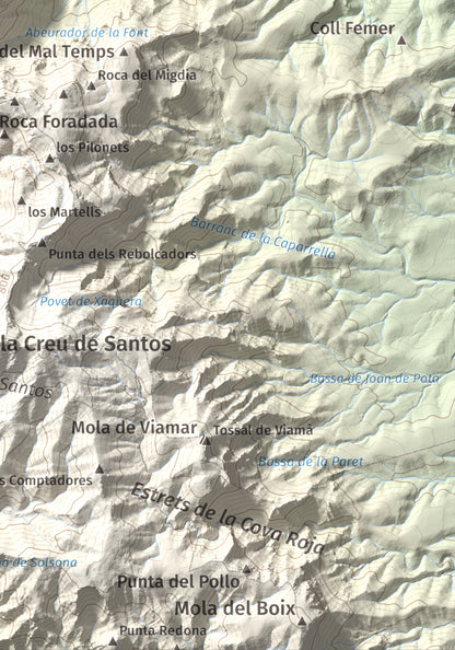 Mapa de relieve de Punta de les Picòssies, 772 m, Baix Ebre · Ribera d'Ebre, lámina 100 Cims de Trobart. Detalle de la zona inferior derecha. 21 × 30 cm.