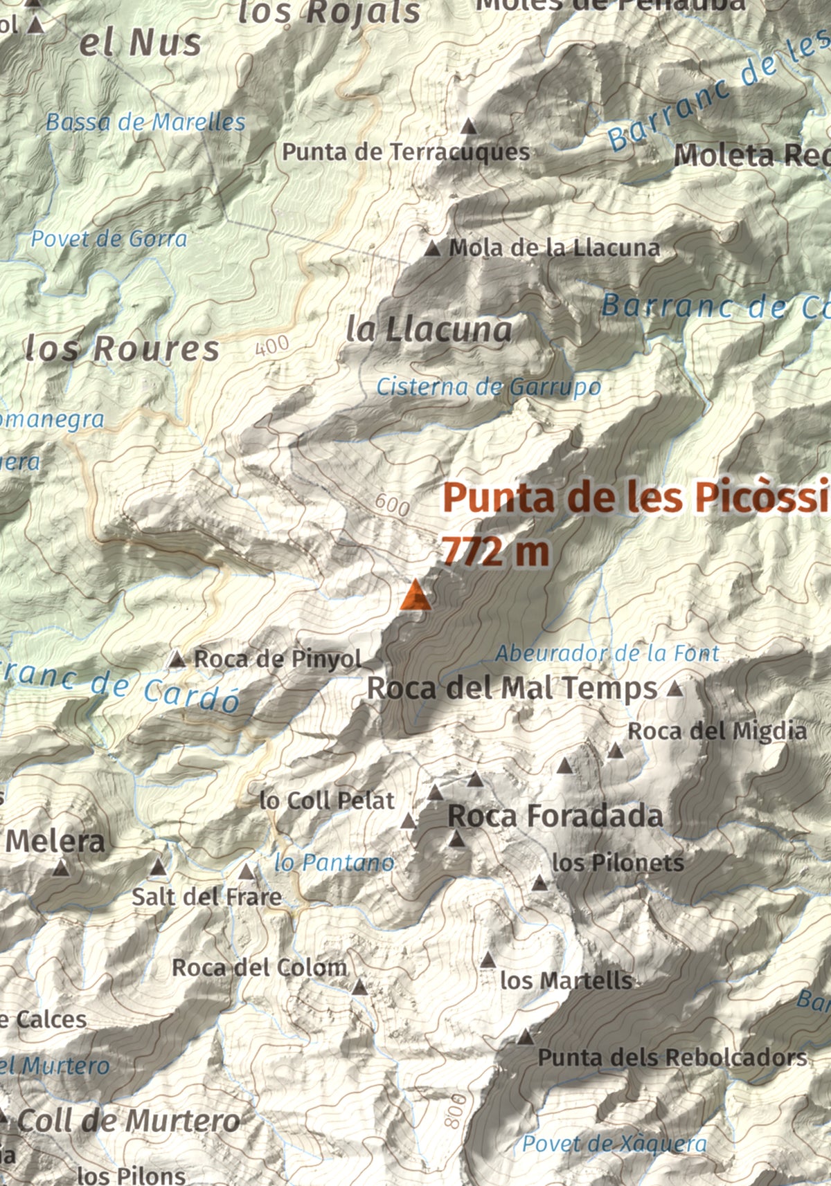 Mapa de relieve de Punta de les Picòssies, 772 m, Baix Ebre · Ribera d'Ebre, lámina 100 Cims de Trobart. Detalle de la zona central. 21 × 30 cm.