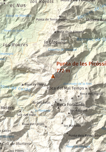 Mapa de relieve de Punta de les Picòssies, 772 m, Baix Ebre · Ribera d'Ebre, lámina 100 Cims de Trobart. Detalle de la zona central. 21 × 30 cm.