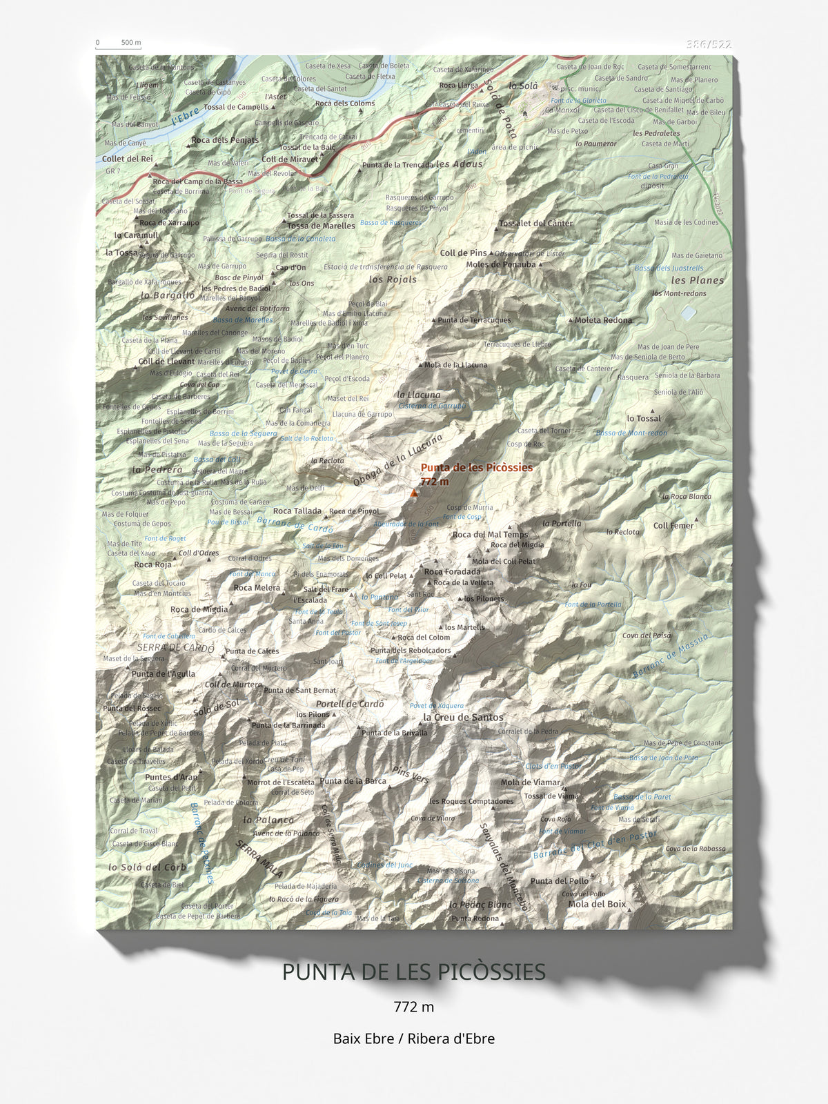 Mapa de relieve de Punta de les Picòssies, 772 m, Baix Ebre · Ribera d'Ebre, lámina 100 Cims de Trobart 30 × 40 cm.