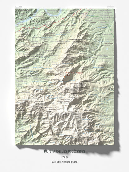 Mapa de relieve de Punta de les Picòssies, 772 m, Baix Ebre · Ribera d'Ebre, lámina 100 Cims de Trobart 30 × 40 cm.