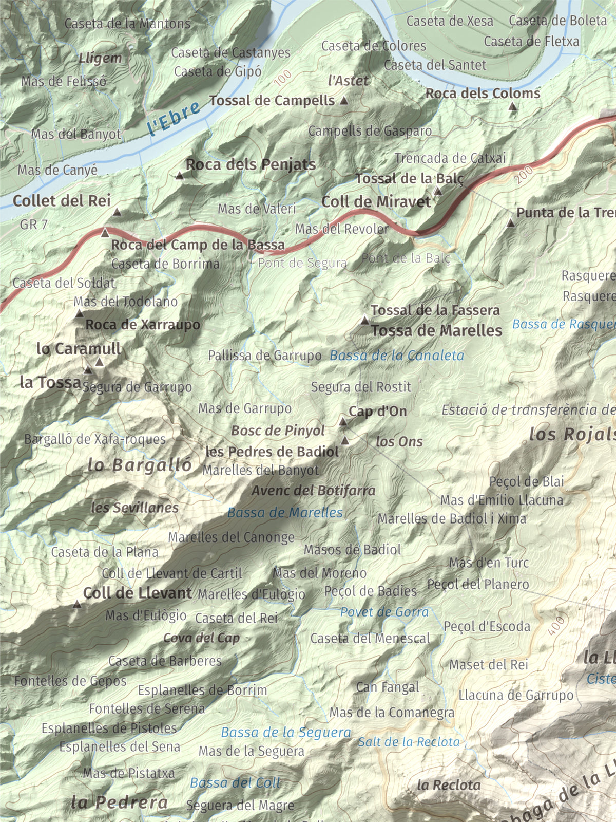Mapa de relieve de Punta de les Picòssies, 772 m, Baix Ebre · Ribera d'Ebre, lámina 100 Cims de Trobart. Detalle de la zona superior izquierda. 30 × 40 cm.