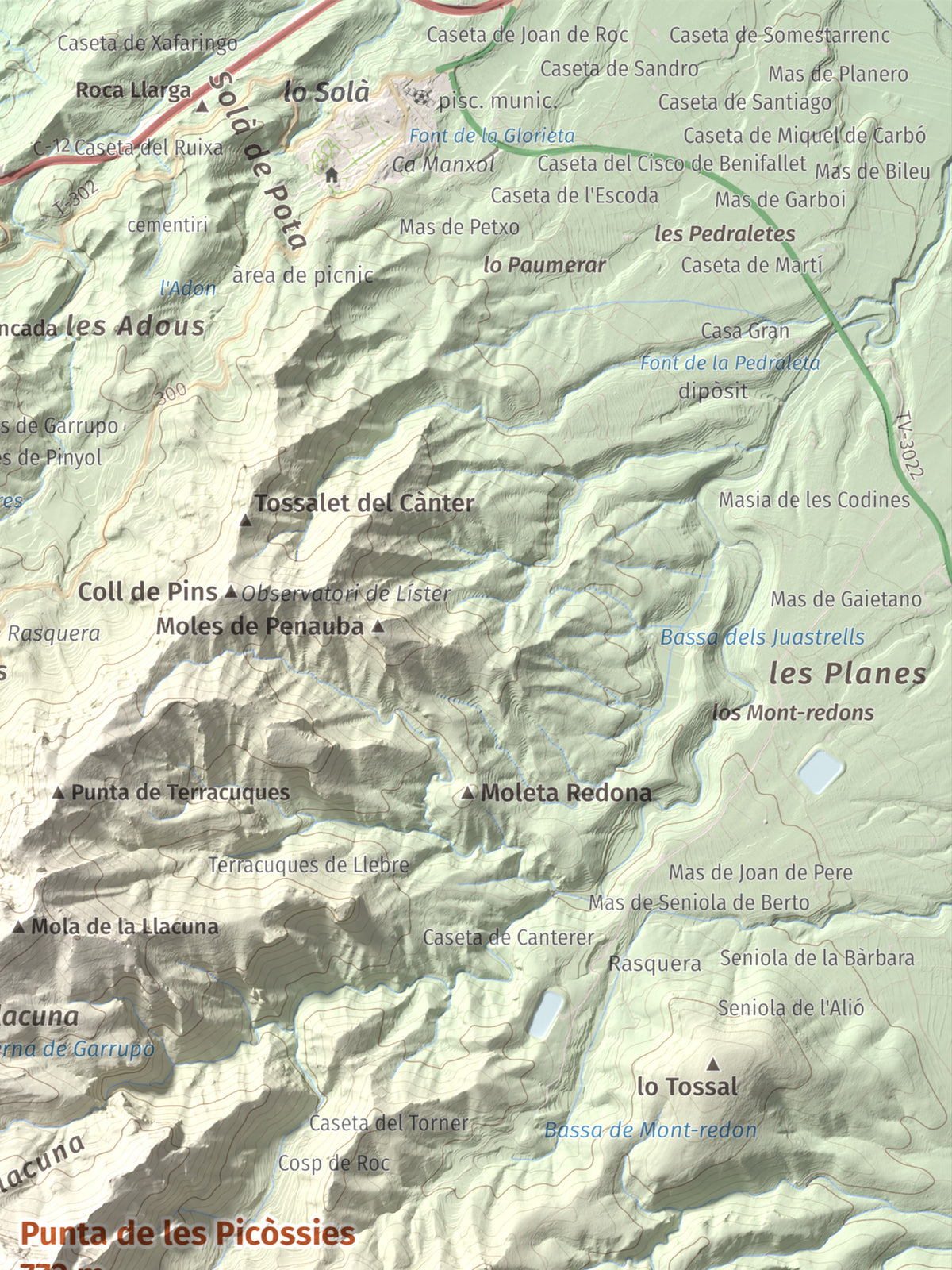 Mapa de relieve de Punta de les Picòssies, 772 m, Baix Ebre · Ribera d'Ebre, lámina 100 Cims de Trobart. Detalle de la zona superior derecha. 30 × 40 cm.