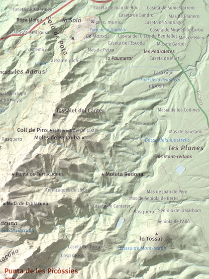 Mapa de relieve de Punta de les Picòssies, 772 m, Baix Ebre · Ribera d'Ebre, lámina 100 Cims de Trobart. Detalle de la zona superior derecha. 30 × 40 cm.